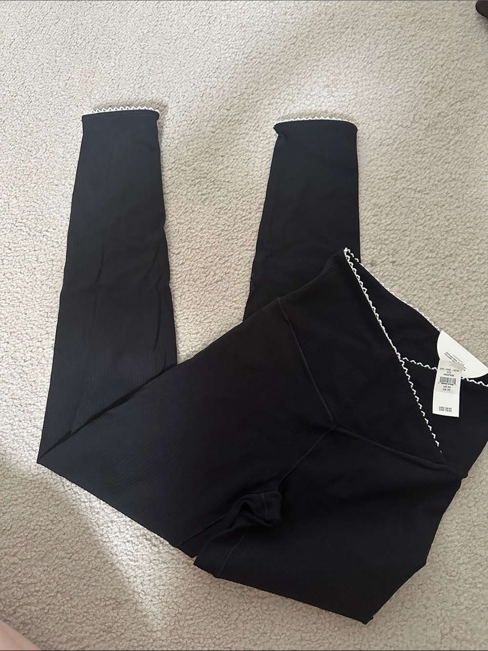 aerie Black Ribbed Leggings with White Scallop Trim